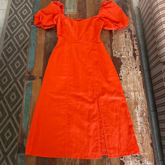NWOT Banana Republic Orange Linen Blend Puffy Sleeve Side Slit Dress Size 2 - Picture 9 of 13